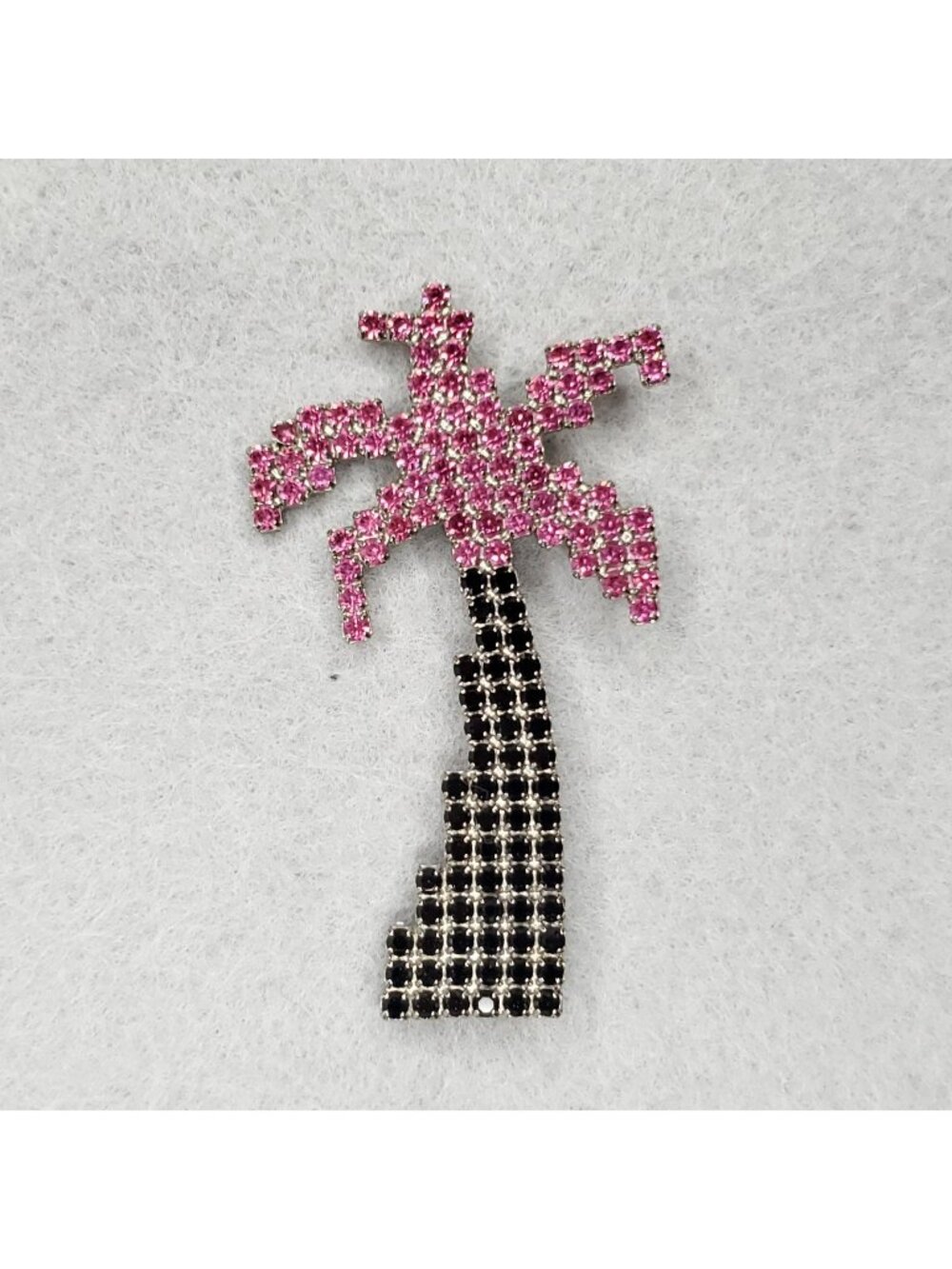Vintage Dorothy Bauer Rhinestone Brooch Palm Tree Pink Black Silver Tone 2.5"
